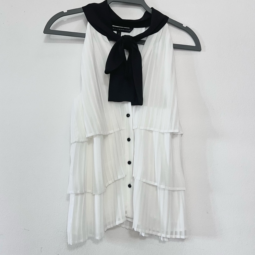 White House Black Market Pleated White Blouse with Black Bow